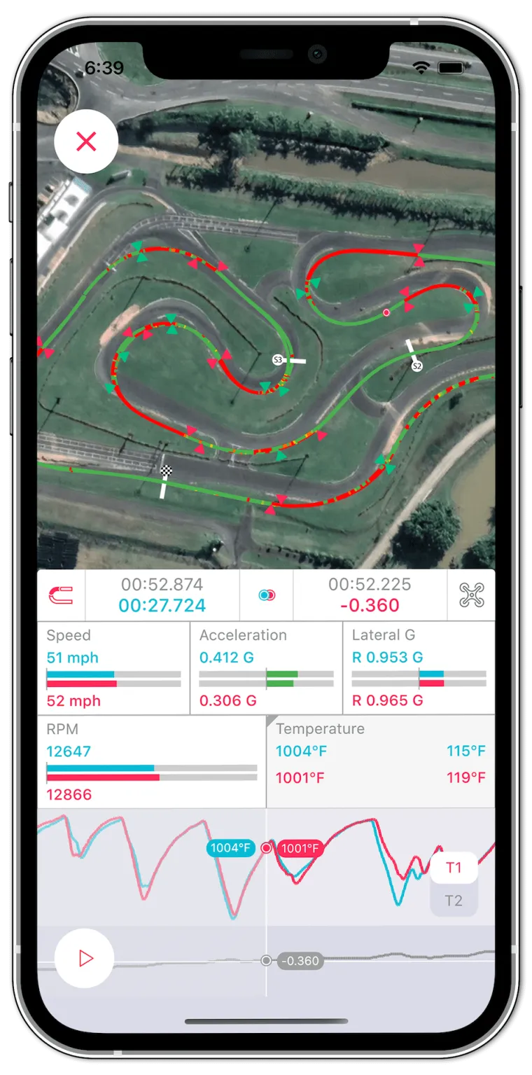 LapSnap comparing two kart laps on a satellite track map with speed, G-force, RPM and temperature