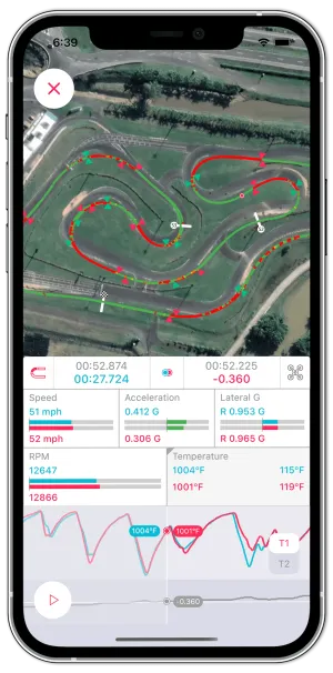 LapSnap comparing two MyChron kart laps on a satellite track map, with speed, lateral g, RPM and temperature for each lap