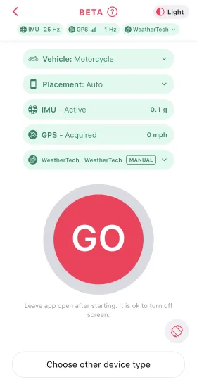 The LapSnap Standalone record screen with GPS acquired, motion sensors active and a Go button